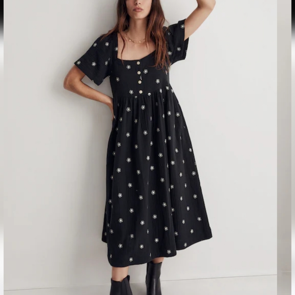 Madewell Petite Daisy Embroidered Square Neck Midi Dress Size M / L Black White